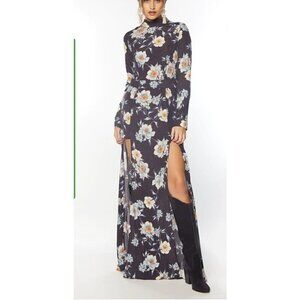 New Flynn Skye Cedar Maxi Dress Womens L Midnight Flora High Neck